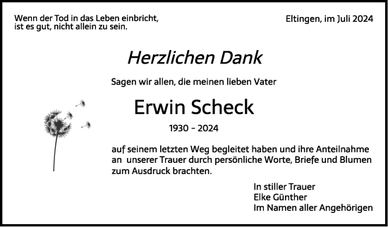 Traueranzeige von Erwin Scheck von Leonberger Kreiszeitung / Strohgäu Extra
