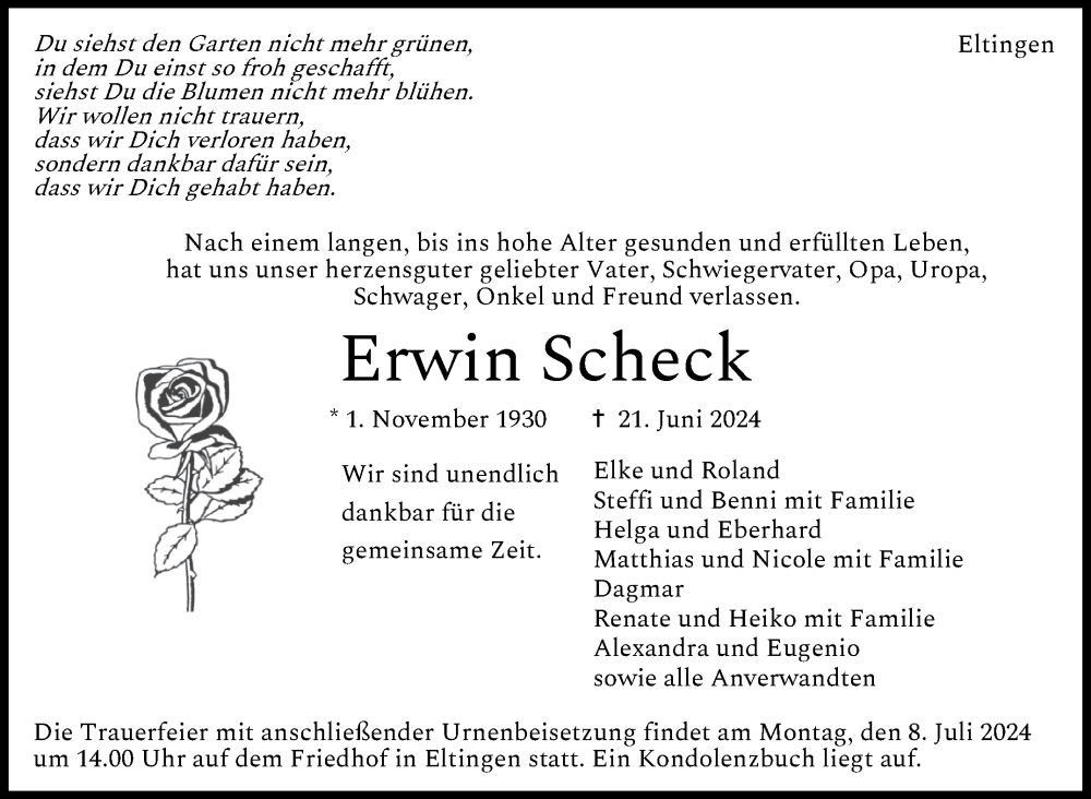  Traueranzeige für Erwin Scheck vom 04.07.2024 aus Leonberger Kreiszeitung / Strohgäu Extra