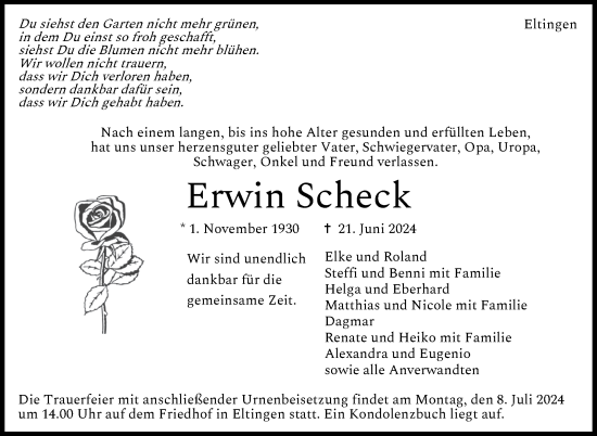 Traueranzeige von Erwin Scheck von Leonberger Kreiszeitung / Strohgäu Extra
