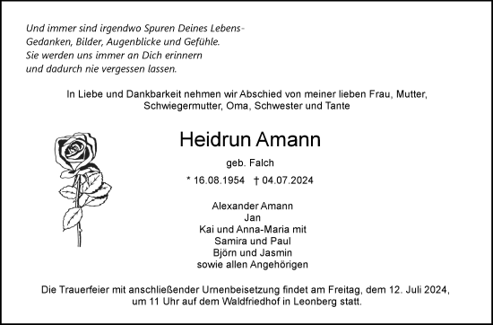 Traueranzeige von Heidrun Amann von Leonberger Kreiszeitung / Strohgäu Extra