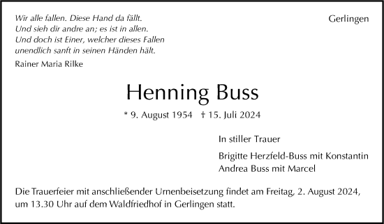 Traueranzeige von Henning Buss von Leonberger Kreiszeitung / Strohgäu Extra