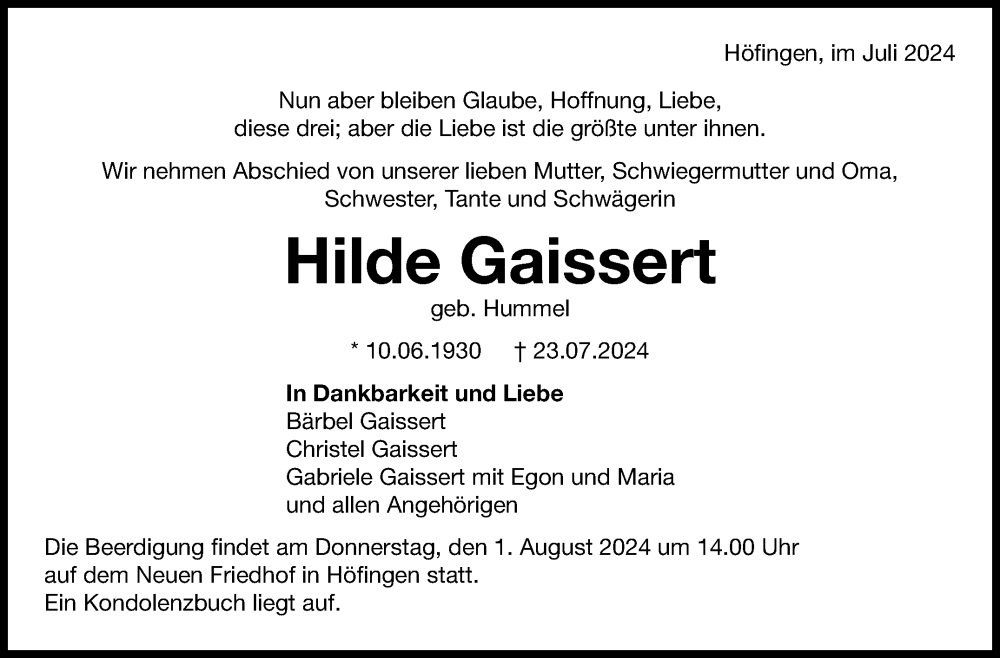  Traueranzeige für Hilde Gaissert vom 27.07.2024 aus Leonberger Kreiszeitung / Strohgäu Extra