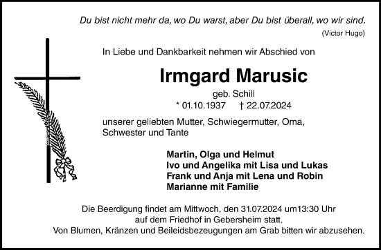 Traueranzeige von Irmgard Marusic von Leonberger Kreiszeitung / Strohgäu Extra