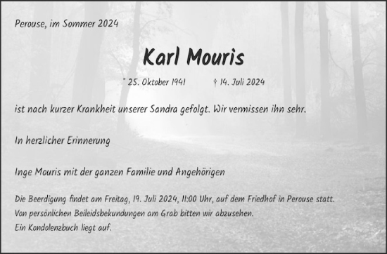 Traueranzeige von Karl Mouris von Leonberger Kreiszeitung / Strohgäu Extra