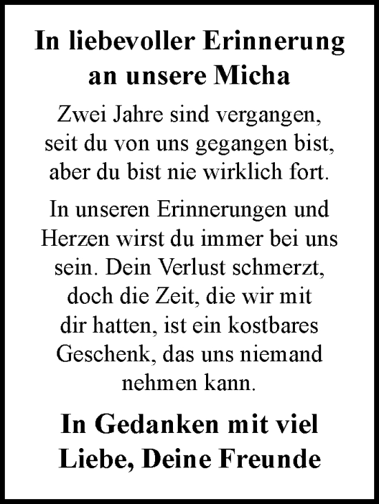 Traueranzeige von Micha  von Leonberger Kreiszeitung / Strohgäu Extra
