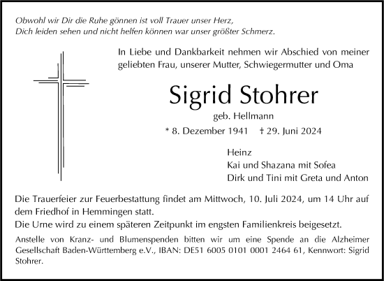 Traueranzeige von Sigrid Stohrer von Leonberger Kreiszeitung / Strohgäu Extra