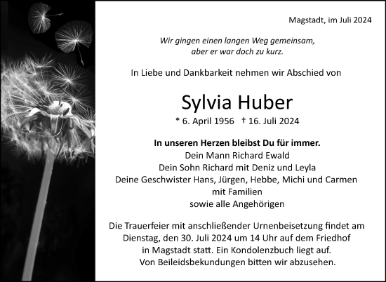 Traueranzeige von Sylvia Huber von Leonberger Kreiszeitung / Strohgäu Extra