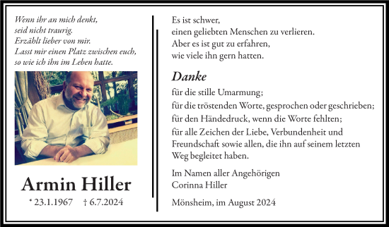 Traueranzeige von Armin Hiller von Leonberger Kreiszeitung / Strohgäu Extra