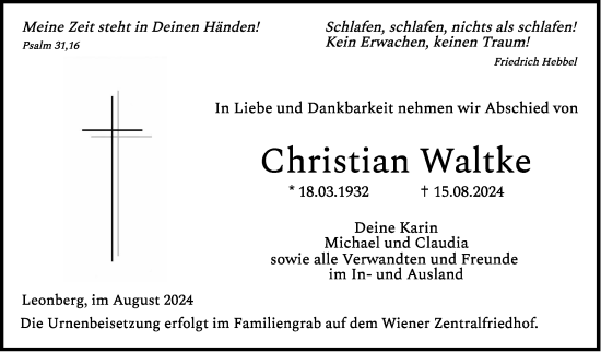 Traueranzeige von Christian Waltke von Leonberger Kreiszeitung / Strohgäu Extra