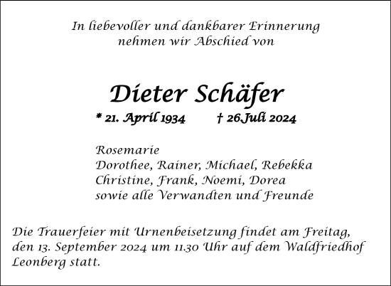 Traueranzeige von Dieter Schäfer von Leonberger Kreiszeitung / Strohgäu Extra