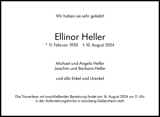 Traueranzeige von Ellinor Heller von Leonberger Kreiszeitung / Strohgäu Extra