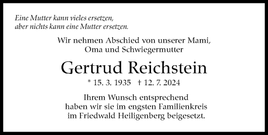 Traueranzeige von Gertrud Reichstein von Leonberger Kreiszeitung / Strohgäu Extra