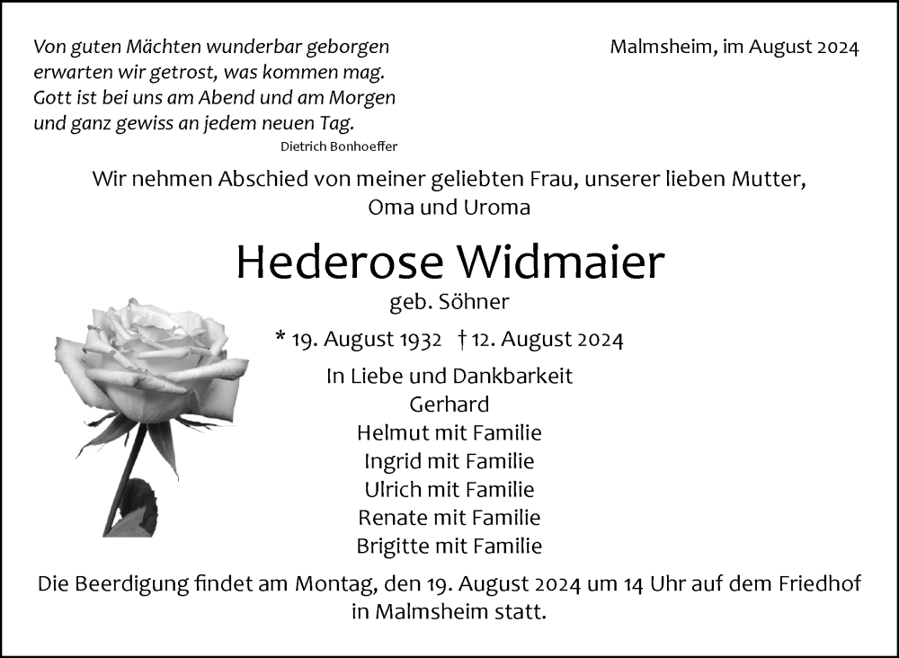  Traueranzeige für Hederose Widmaier vom 17.08.2024 aus Leonberger Kreiszeitung / Strohgäu Extra