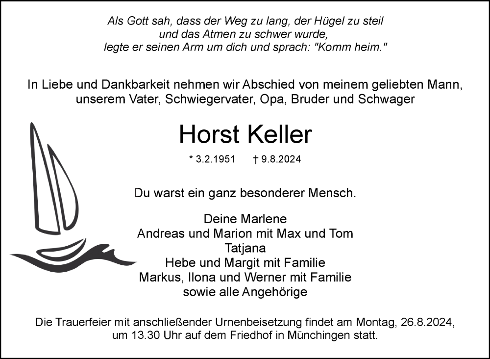  Traueranzeige für Horst Keller vom 24.08.2024 aus Leonberger Kreiszeitung / Strohgäu Extra