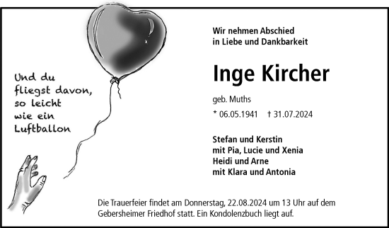Traueranzeige von Inge Kircher von Leonberger Kreiszeitung / Strohgäu Extra