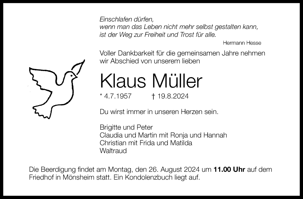 Traueranzeige für Klaus Müller vom 23.08.2024 aus Leonberger Kreiszeitung / Strohgäu Extra
