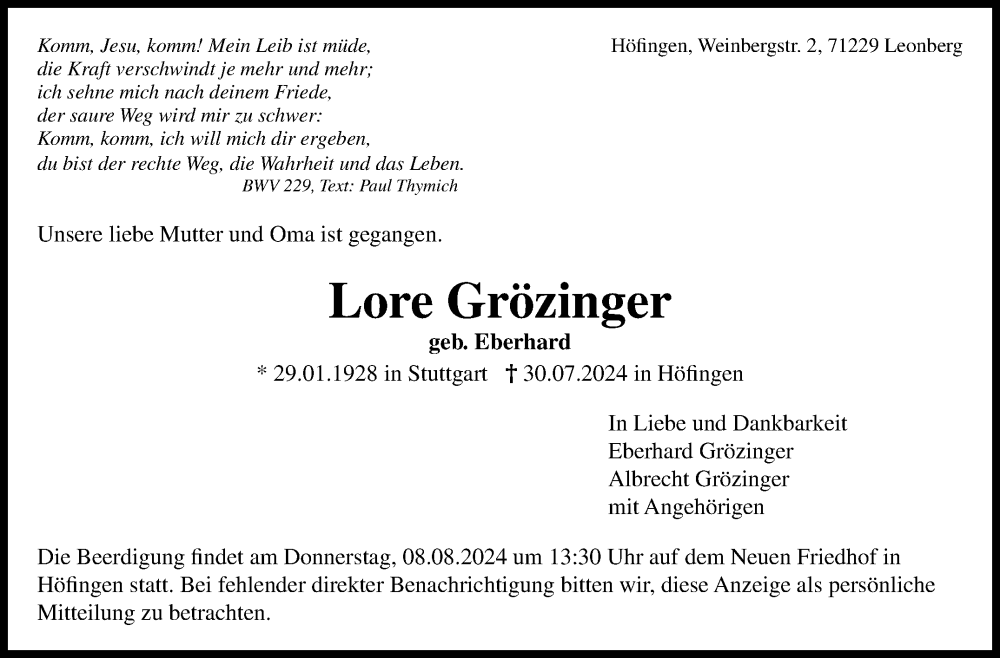  Traueranzeige für Lore Grözinger vom 03.08.2024 aus Leonberger Kreiszeitung / Strohgäu Extra