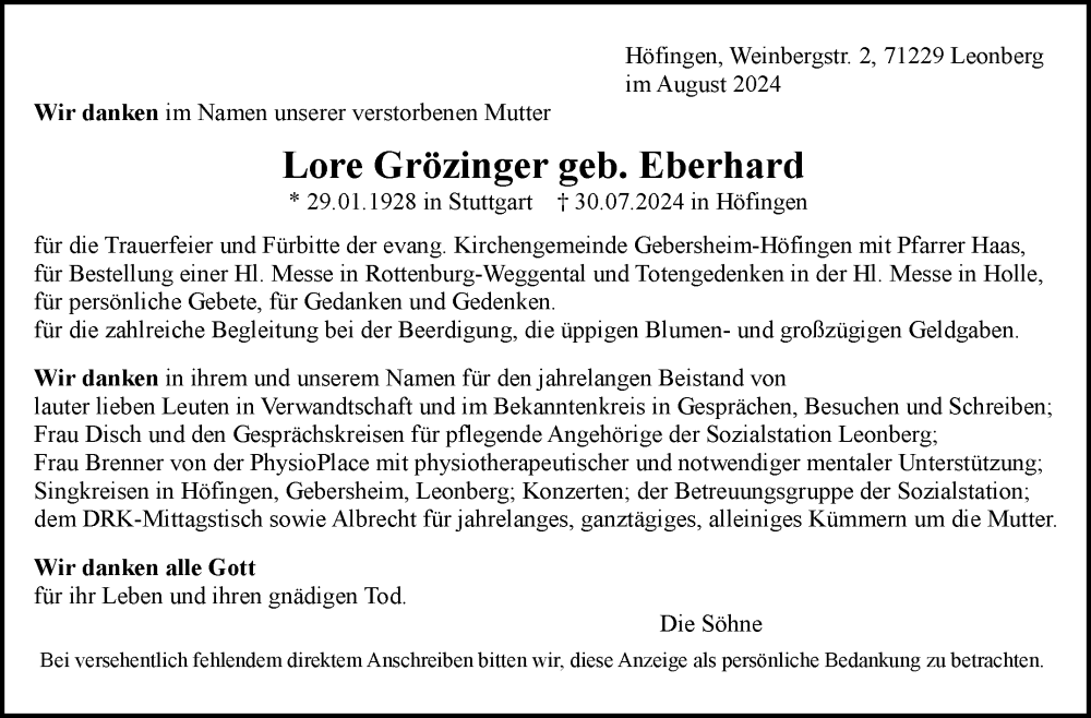  Traueranzeige für Lore Grözinger vom 24.08.2024 aus Leonberger Kreiszeitung / Strohgäu Extra