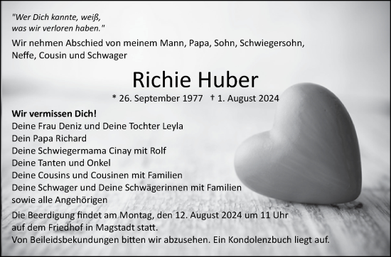 Traueranzeige von Richie Huber von Leonberger Kreiszeitung / Strohgäu Extra
