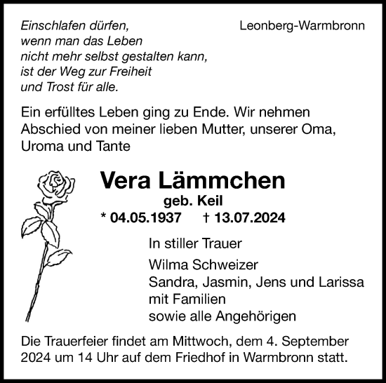 Traueranzeige von Vera Lämmchen von Leonberger Kreiszeitung / Strohgäu Extra