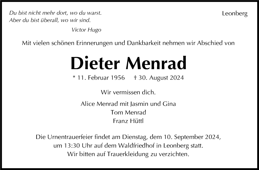  Traueranzeige für Dieter Menrad vom 05.09.2024 aus Leonberger Kreiszeitung / Strohgäu Extra