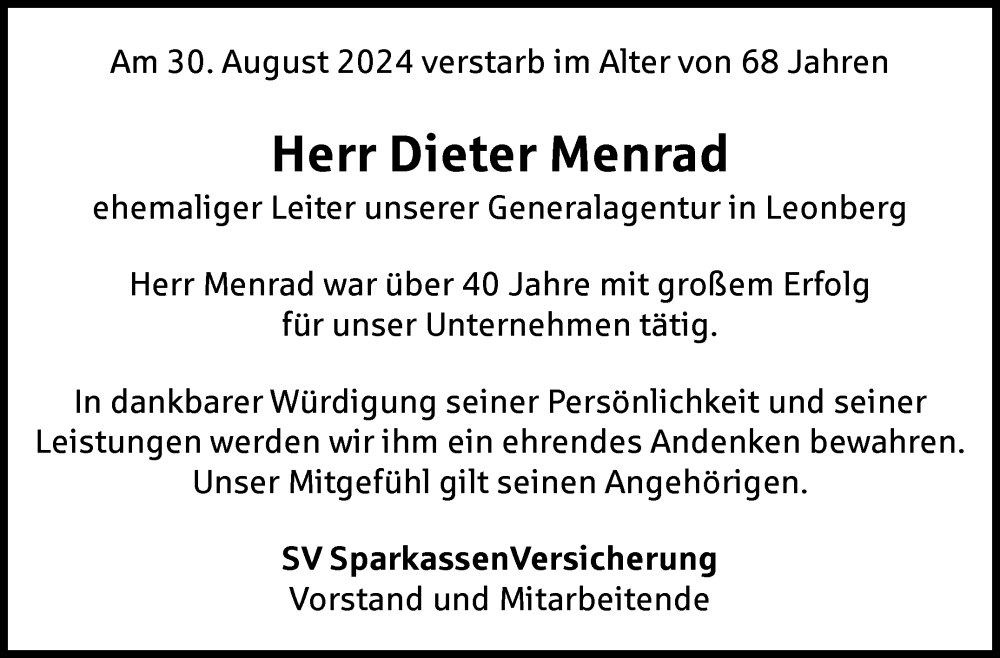 Traueranzeige für Dieter Menrad vom 12.09.2024 aus Leonberger Kreiszeitung / Strohgäu Extra