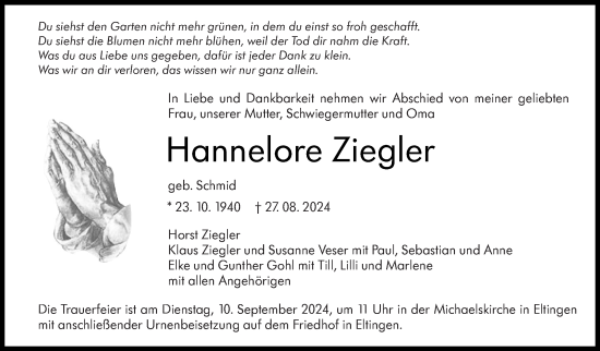 Traueranzeige von Hannelore Ziegler von Leonberger Kreiszeitung / Strohgäu Extra