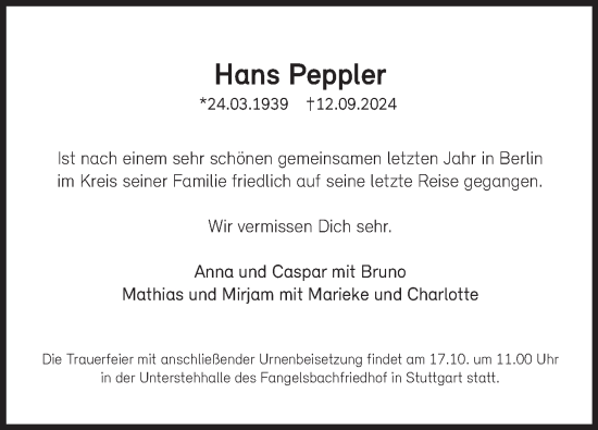 Traueranzeige von Hans Peppler von Leonberger Kreiszeitung / Strohgäu Extra