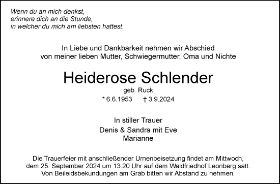Traueranzeige von Heiderose Schlender von Leonberger Kreiszeitung / Strohgäu Extra