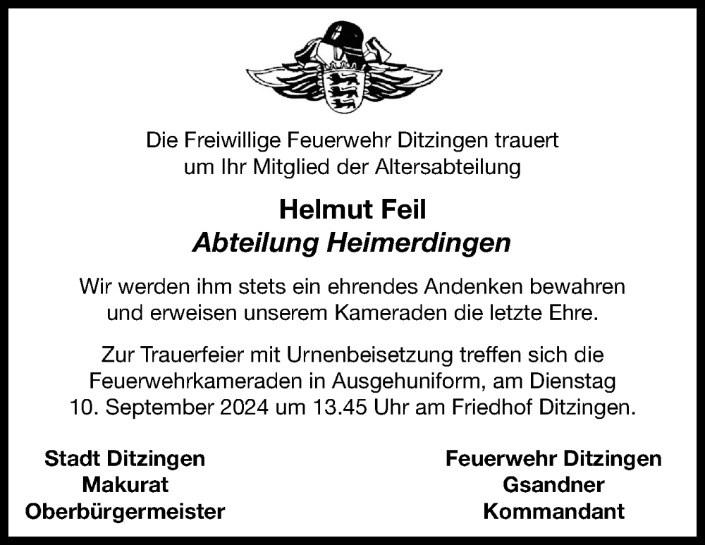  Traueranzeige für Helmut Feil vom 06.09.2024 aus Leonberger Kreiszeitung / Strohgäu Extra