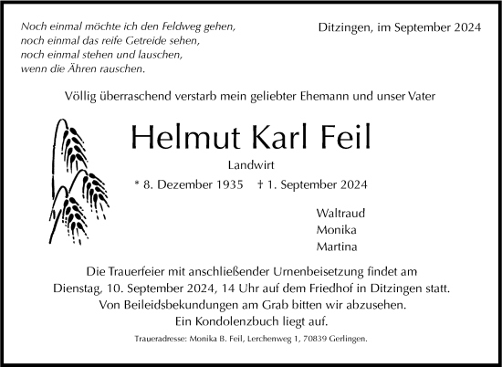 Traueranzeige von Helmut Karl Feil von Leonberger Kreiszeitung / Strohgäu Extra