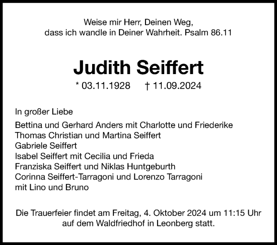 Traueranzeige von Judith Seiffert von Leonberger Kreiszeitung / Strohgäu Extra