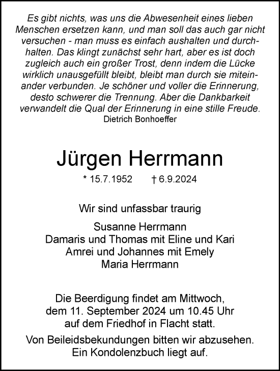 Traueranzeige von Jürgen Herrmann von Leonberger Kreiszeitung / Strohgäu Extra