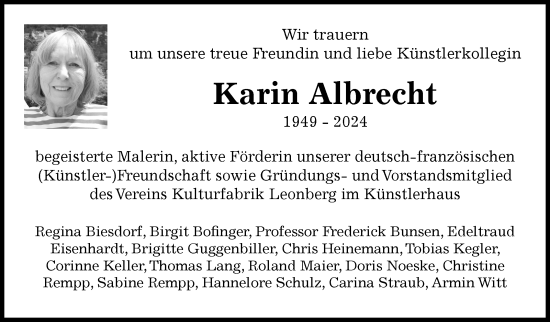 Traueranzeige von Karin Albrecht von Leonberger Kreiszeitung / Strohgäu Extra