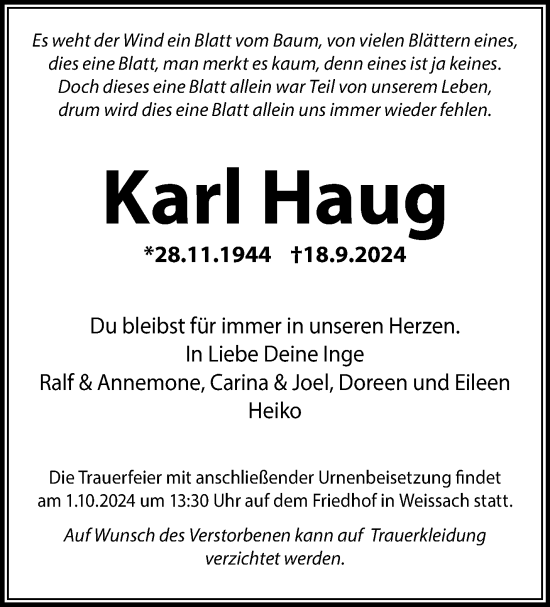 Traueranzeige von Karl Haug von Leonberger Kreiszeitung / Strohgäu Extra