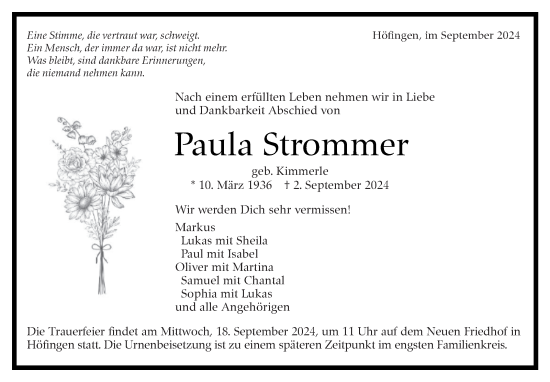 Traueranzeige von Paula Strommer von Leonberger Kreiszeitung / Strohgäu Extra