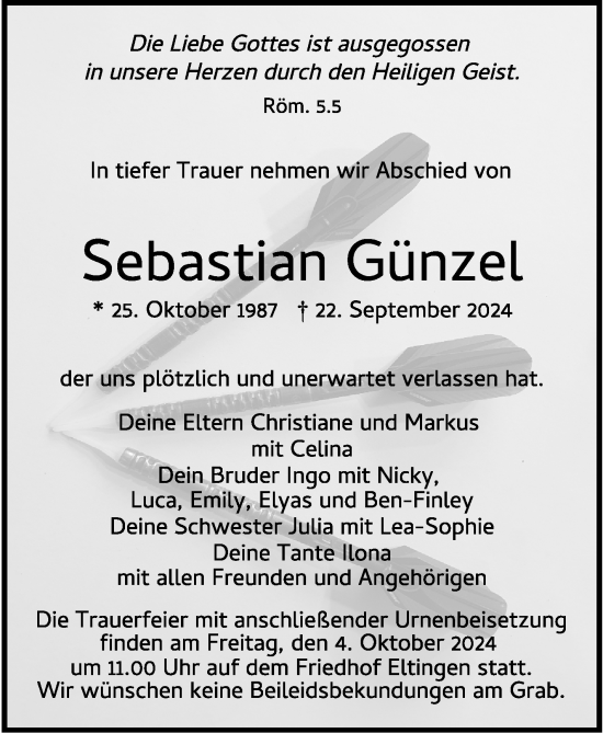 Traueranzeige von Sebastian Günzel von Leonberger Kreiszeitung / Strohgäu Extra