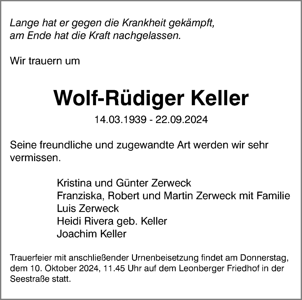  Traueranzeige für Wolf-Rüdiger Keller vom 30.09.2024 aus Leonberger Kreiszeitung / Strohgäu Extra