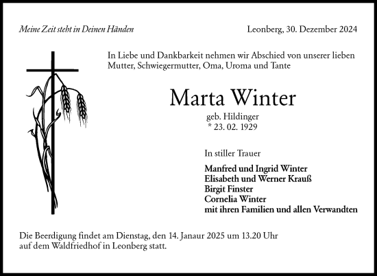 Traueranzeige von Marta Winter von Leonberger Kreiszeitung / Strohgäu Extra