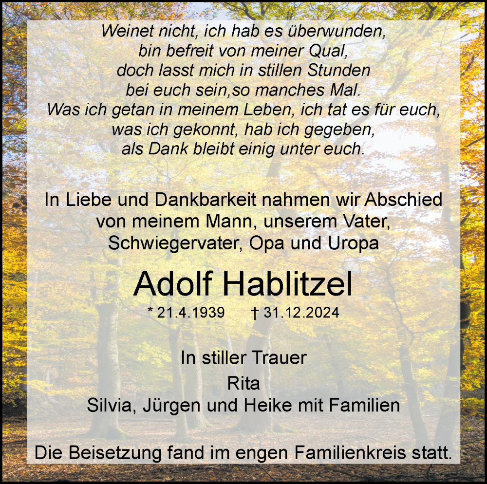  Traueranzeige für Adolf Hablitzel vom 23.01.2025 aus Leonberger Kreiszeitung / Strohgäu Extra