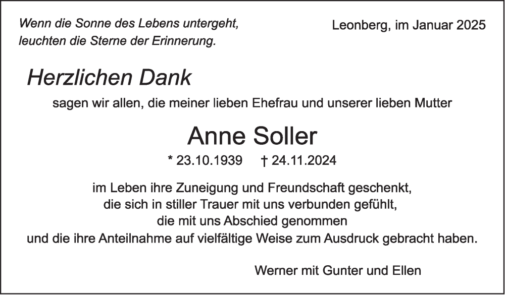  Traueranzeige für Anne Soller vom 09.01.2025 aus Leonberger Kreiszeitung / Strohgäu Extra