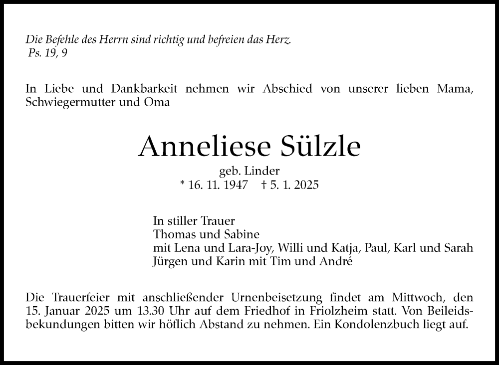  Traueranzeige für Anneliese Sülzle vom 11.01.2025 aus Leonberger Kreiszeitung / Strohgäu Extra