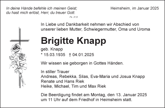 Traueranzeige von Brigitte Knapp von Leonberger Kreiszeitung / Strohgäu Extra