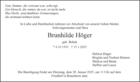 Traueranzeige von Brunhilde Höger von Leonberger Kreiszeitung / Strohgäu Extra