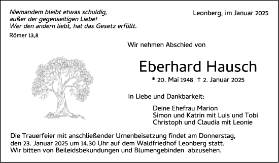 Traueranzeige von Eberhard Hausch von Leonberger Kreiszeitung / Strohgäu Extra