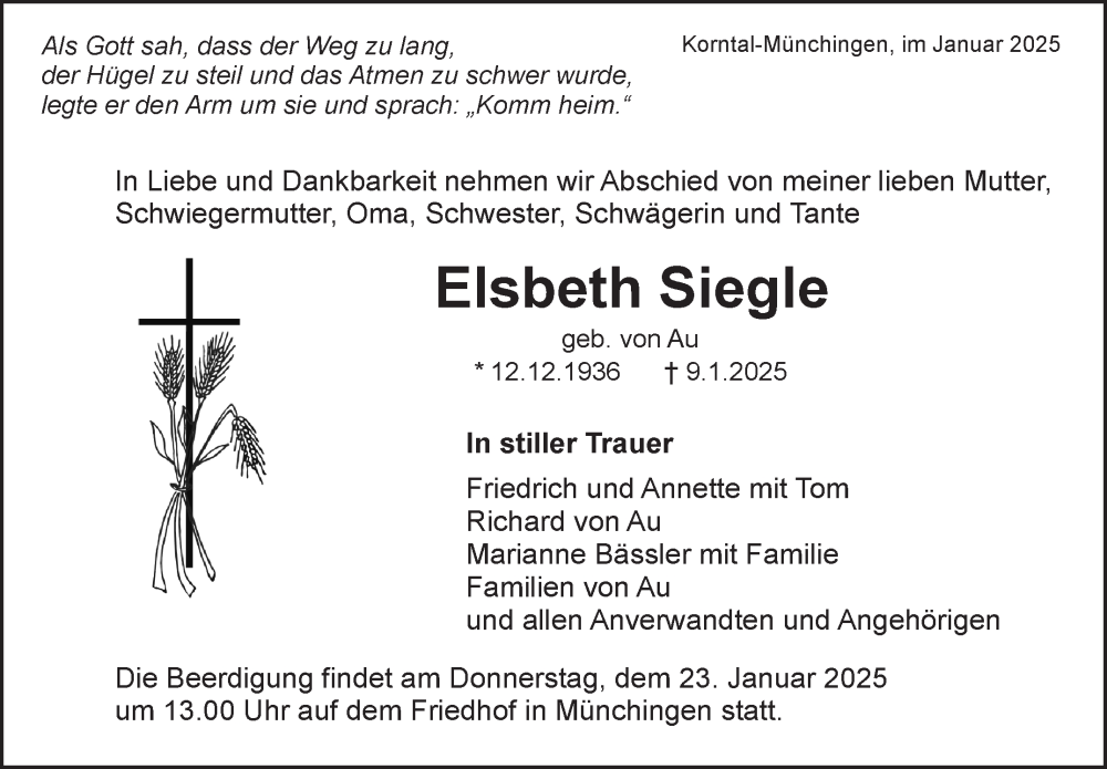  Traueranzeige für Elsbeth Siegle vom 17.01.2025 aus Leonberger Kreiszeitung / Strohgäu Extra