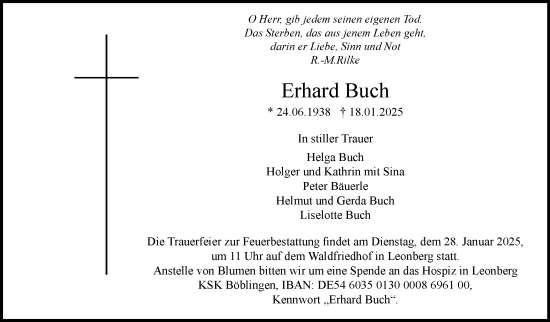 Traueranzeige von Erhard Buch von Leonberger Kreiszeitung / Strohgäu Extra