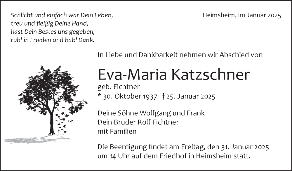  Traueranzeige für Eva-Maria Katzschner vom 30.01.2025 aus Leonberger Kreiszeitung / Strohgäu Extra