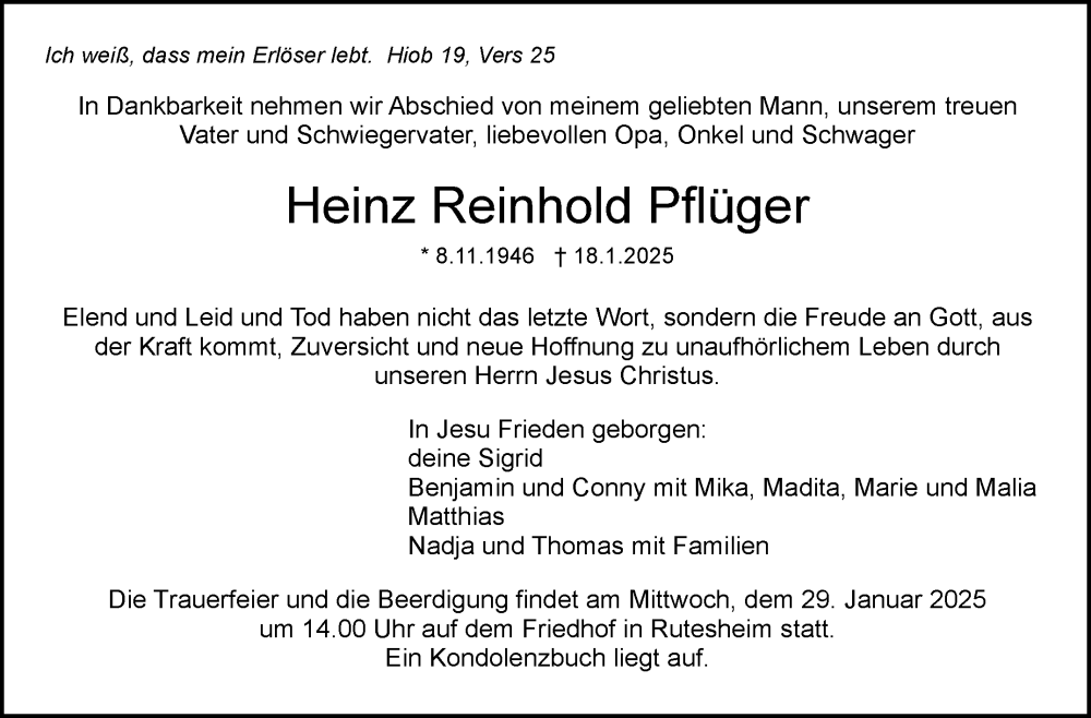  Traueranzeige für Heinz Reinhold Pflüger vom 23.01.2025 aus Leonberger Kreiszeitung / Strohgäu Extra