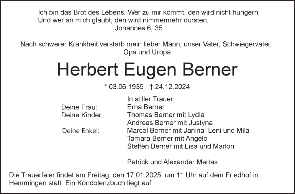  Traueranzeige für Herbert Berner vom 14.01.2025 aus Leonberger Kreiszeitung / Strohgäu Extra